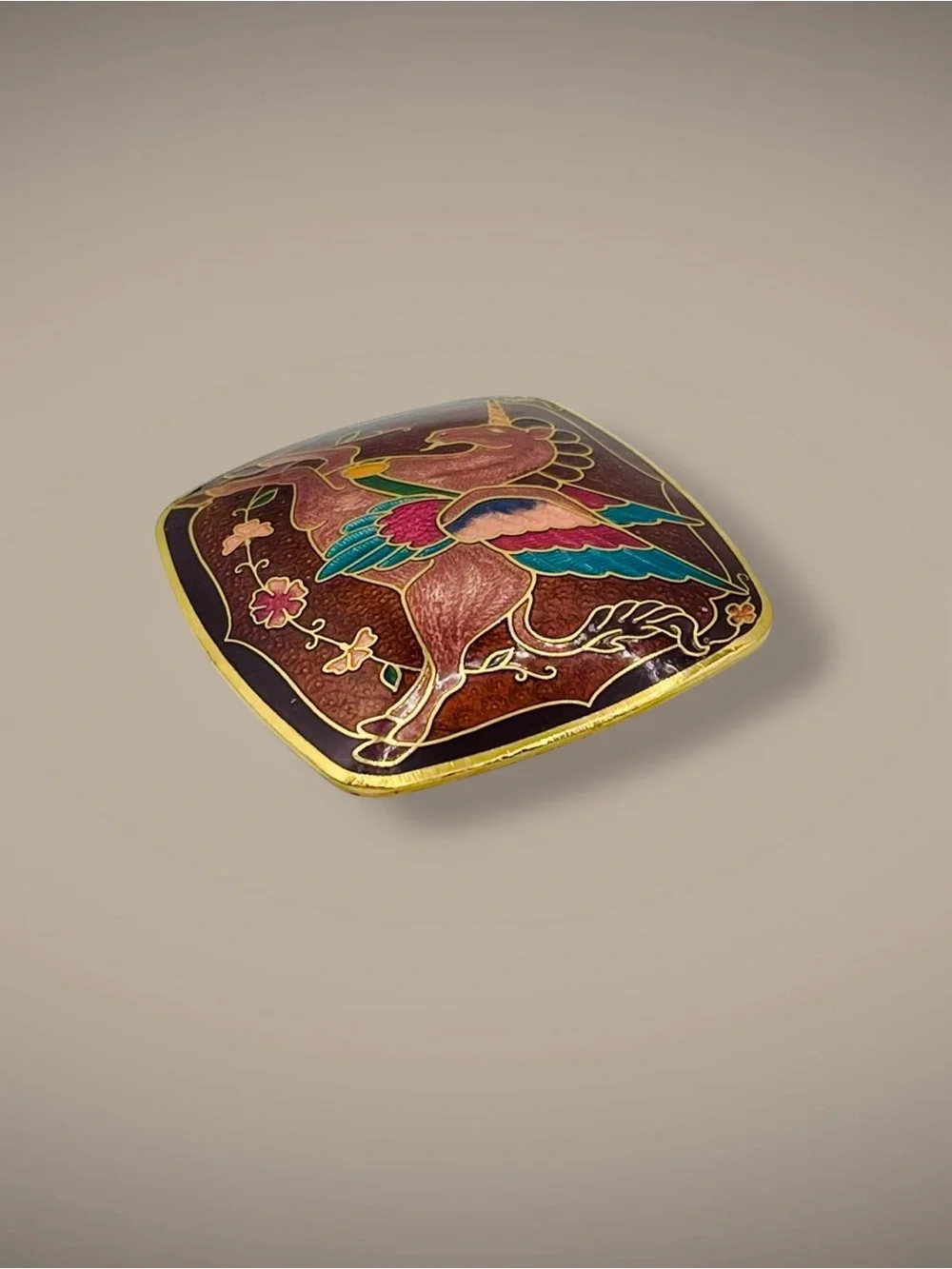 Vintage 1970s Cloisonné Enamel Winged Unicorn Pegasus Belt Buckle